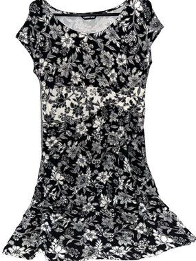 Lands End Women's Dress Black‎ White Floral Print Sleeveless Fit & Flare Size M